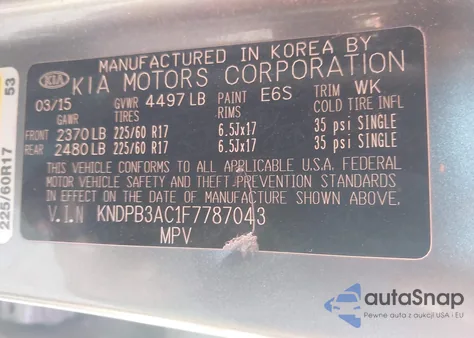 2015 Kia Sportage Lx z USA, uszkodzony, nr VIN KNDPB3AC1F7787043